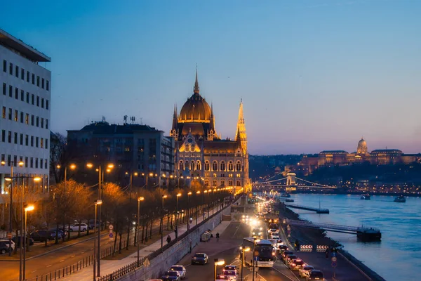 Vista Laterale Del Parlamento Ungherese Margaret Bridge Tramonto Budapest Ungheria — Foto Stock
