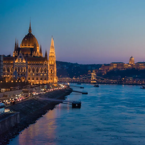 Vue Latérale Parlement Hongrois Depuis Pont Margaret Coucher Soleil Budapest — Photo