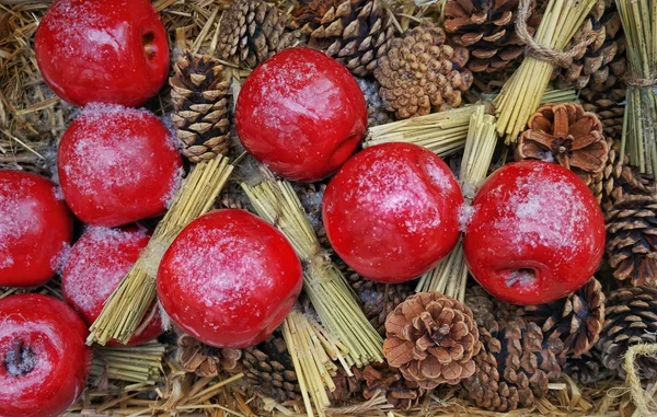 Manzanas rojas sobre paja y conos — Foto de Stock