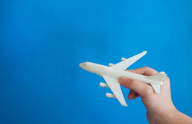 Mavi arka planda beyaz bir düzlem, seçici odak Çiçek yakın