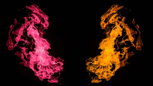 Fogo colorido sobre fundo preto. Padrões flamejantes e fumo abstrato. Conceito, ideia, projeto . — Fotografia de Stock