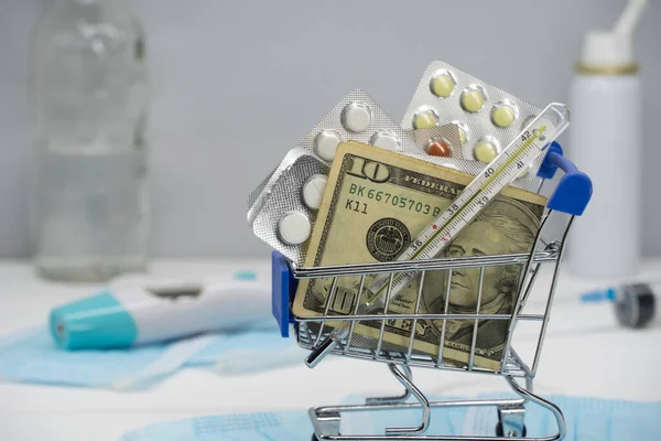 To buy medicines. Lots of pills. Paid medicine. Health system. Economy. Medications for treatment. Medical expenses, expensive treatment. Increase in the price of medicines in America in dollars.