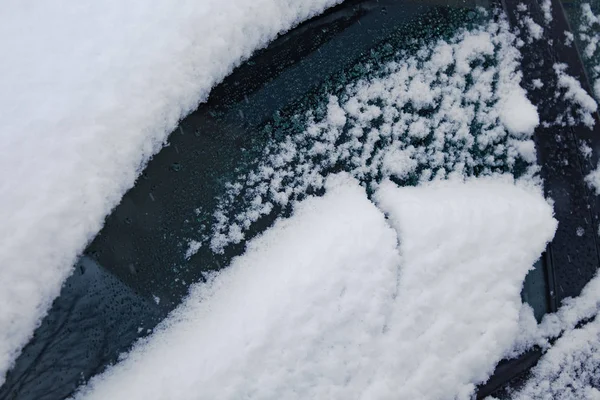 Vidro Congelado Carro Vidro Carro Gelo Com Neve Geada Queda — Fotografia de Stock