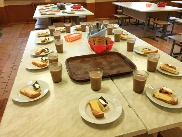 Almuerzo Desayuno Cantina Escuela Porciones Cantina Cazuela Sándwich Queso Imagen De Stock