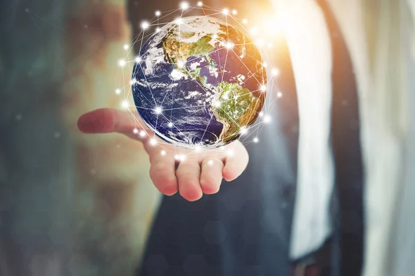 Hand Flying Earth Network Global Connection Concept — Stock Photo, Image
