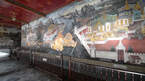 Dipinto Sulla Parete Storia Ramayana Buddha Smeraldo Wat Phra Kaew — Video Stock
