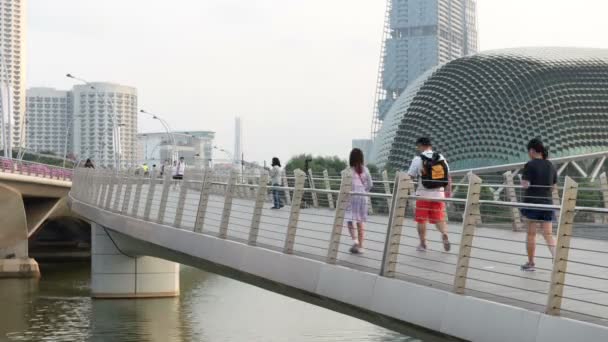 Singapore Singapur Ağustos 2018 Jogger Köprünün Marina Körfezi Boyunca Zaman — Stok video