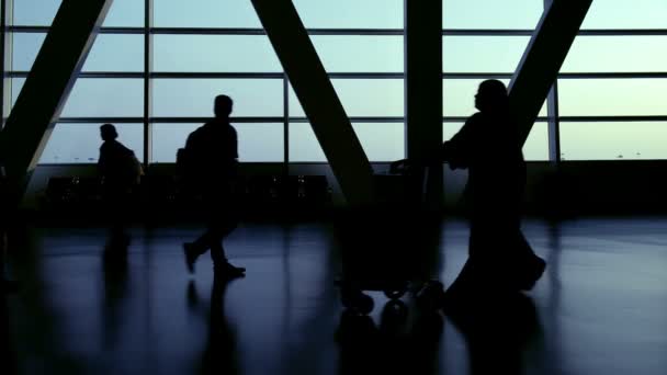 Silhueta Passageiros Viajantes Terminal Trânsito Aeroporto Andando Com Bagagem Indo — Vídeo de Stock