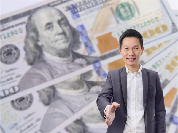 Affärsman Ger Ett Handslag Med Amerikanska Dollarn Räkningar Bakgrund Affären — Stockfoto