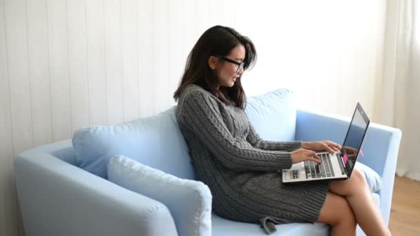 Ευτυχισμένη Γυναίκα Κάθεται Στον Καναπέ Και Χρησιμοποιήσει Φορητό Υπολογιστή Στο — Αρχείο Βίντεο