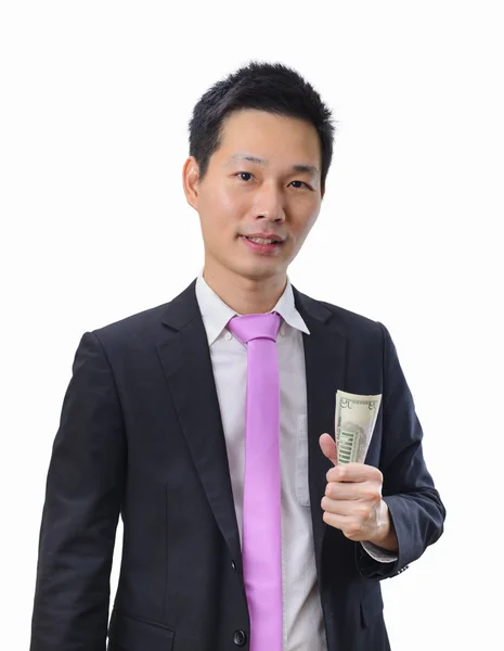 Asiatiska Affärsman Svart Kostym Hålla Pengar Handen Och Tittar Kameran — Stockfoto