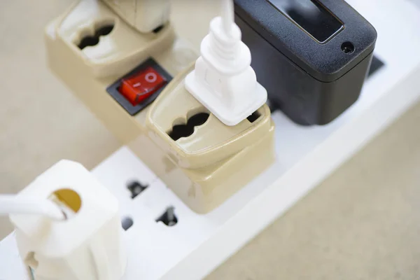 Electrical Power Strip Overloaded Many Plugs — Stock Photo, Image