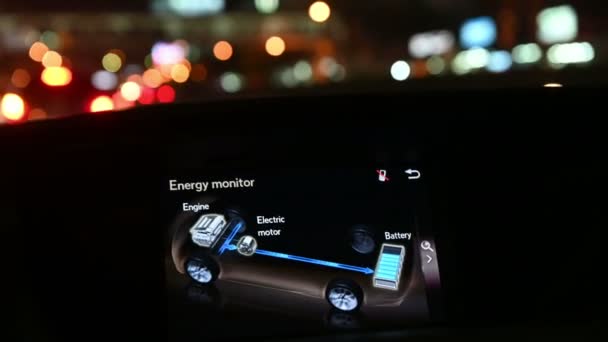 Car Board Monitor Showing Energy Fluxes Battery Charge Level Hybrid — Stock Video