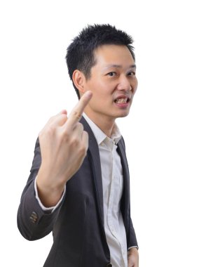 Genç Asya iş adam gösteren orta parmak, kaba ve kaba siktir git ifade