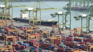 Singapore, Singapur - 30 Ocak 2019: Vinç kargo gemisi limanda yükleme kapsayıcıya, zaman atlamalı