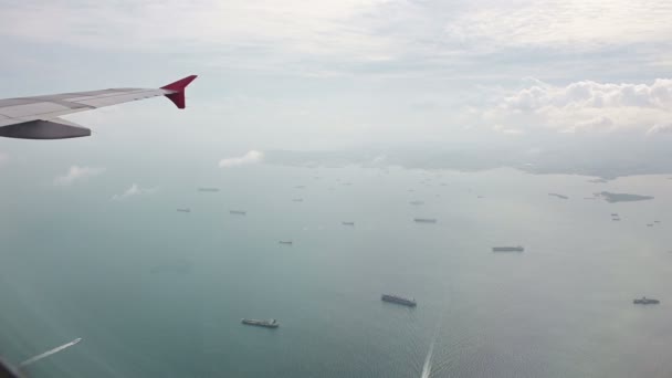 Window View Airplane Many Cargo Ships Singapore Harbor — Stock Video