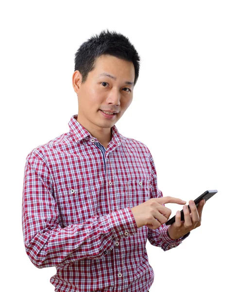 Ung Asiatisk Man Använder Smartphone Vit Bakgrund — Stockfoto