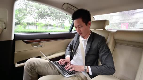 Young Businessman Using Laptop Backseat Car — Stock Video