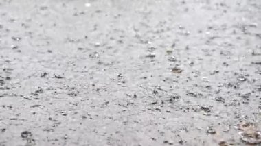 Yağmur damlalarının yavaş hareketi asfalttaki büyük su birikintisine düşüyor.