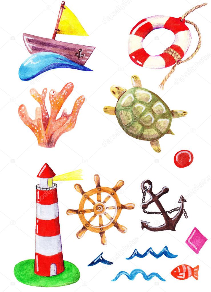 A set of watercolor drawings on a sea subject; a turtle, an anch