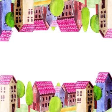 Sguare çerçevesi; pembe çatı, kapı ve w ile çok renkli evler