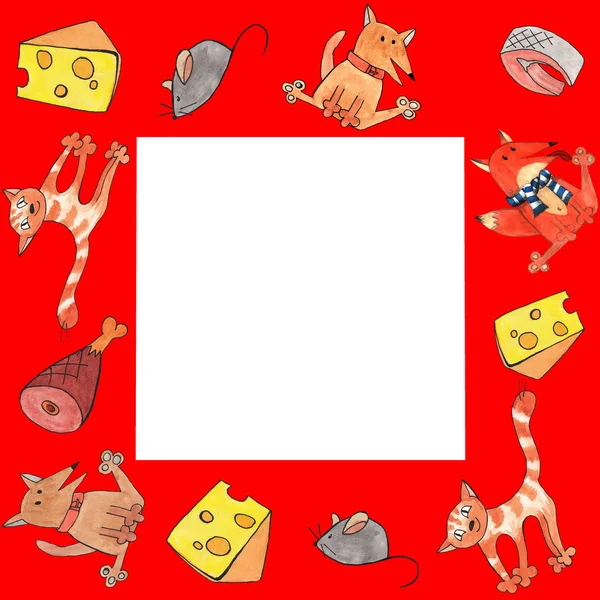 Watercolor square frame; cat, dog, fox, cheese, ham and mouse, o — Stock Photo, Image