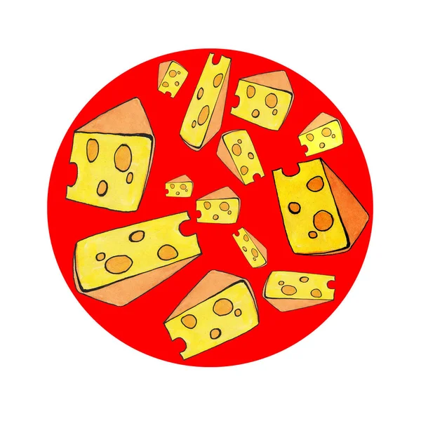 Aquarel frame cirkel, op een rode achtergrond kaas plakjes, Pie — Stockfoto