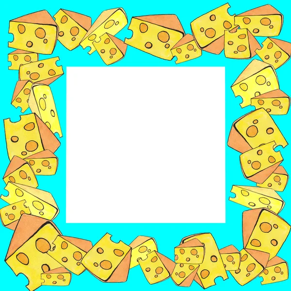 Watercolor square frame on a light blue  background, cheese slic — Stock Photo, Image