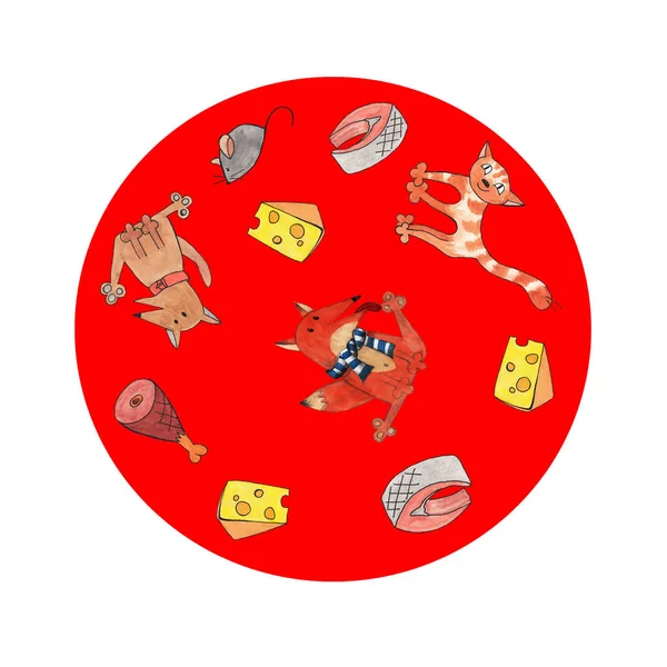 Акварель круглая рамка; кошка, собака, лиса, сыр, ветчина и мышь, на Стоковое Фото