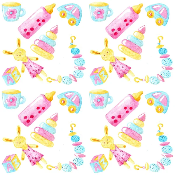 Watercolor pattern from children's toys for kids - girls; a pink — Stock Photo, Image