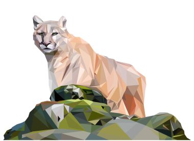 Light brown cougar stands behind the stones, low poly illistration clipart
