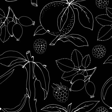 Armut, mandalina ve böğürtlenli siyah beyaz armut deseni.