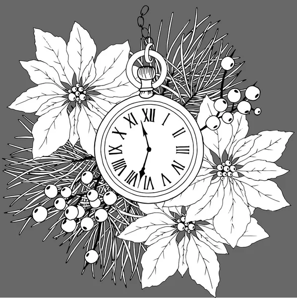 Carte Noël Avec Fleurs Sapins Noël Horloge Noir Blanc — Image vectorielle