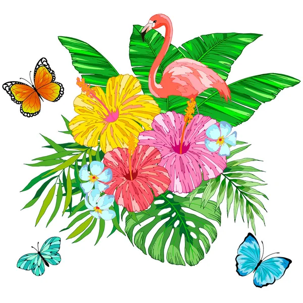 Illustration Vectorielle Plantes Tropicales Flamants Roses Papillons Isoler Sur Fond — Image vectorielle