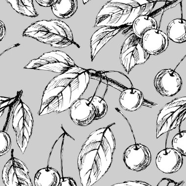 Çizim tarzında kirazlı kusursuz desen, duvar kâğıdı ve kumaşlar için süs, ambalaj kağıdı, farklı tasarımlar için arkaplan, yapıştırma kitabı.