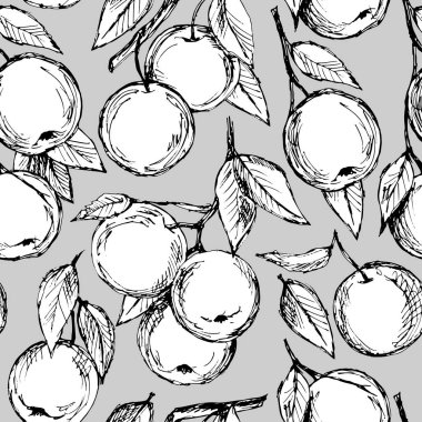 Elma dalları olan gri çiçeklerdeki kusursuz desen, duvar kâğıdı ve kumaşlar için süs, ambalaj kağıdı, farklı tasarımlar için arka plan, yapıştırma defteri.