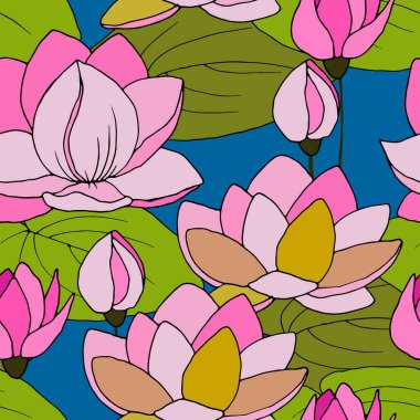  Çiçek ve nilüfer yapraklı kusursuz desen, duvar kâğıdı ve kumaşlar için süs, ambalaj kağıdı, farklı tasarımlar için arkaplan, koleksiyon defteri