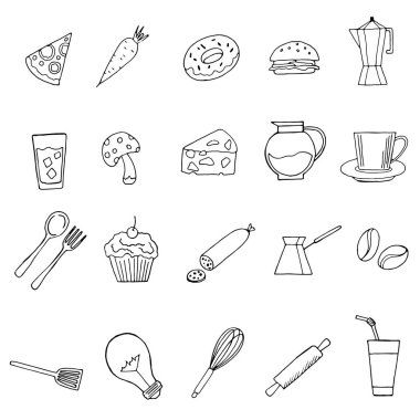 Siyah beyaz simgeler kümesi, mutfak ögeleri, vektör illüstrasyonu, beyaz arkaplanda izole et