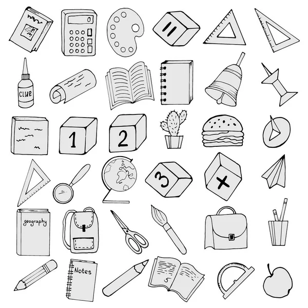 Set Icons Black White Stationery School Vector Illustration Isolate White — Stock Vector