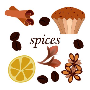 Fırınlama için baharat seti, vektör illüstrasyonu, beyaz arkaplanda izole