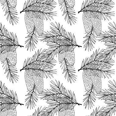 köknar ve koni dallarıyla kusursuz desensiz monokrom renkleri, duvar kağıdı ve kumaş süsü, ambalaj kağıdı, farklı tasarımlar için arkaplan
