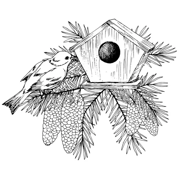 Ilustração Vetorial Quadro Preto Branco Pássaro Ramo Abeto Bico Isolado — Vetor de Stock