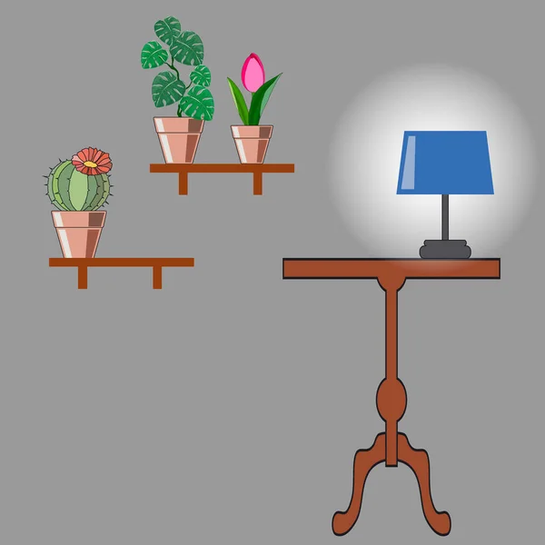 Elementos Del Interior Mesa Con Una Lámpara Estante Con Flores — Vector de stock