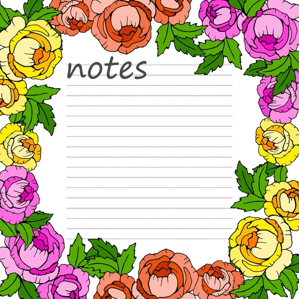 Page Pour Notes Avec Cadre Avec Des Roses Illustration Vectorielle — Image vectorielle