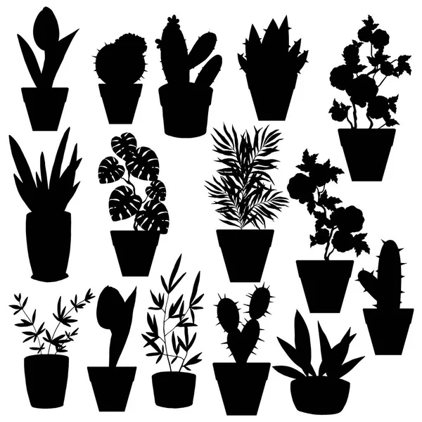 Silhouettes Houseplants Black Color Vector Illustration Isolate White Background Stock Vector