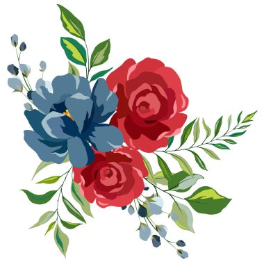 Çiçek ve yaprak demeti, vektör illüstrasyonu, beyaz arkaplanda izole et