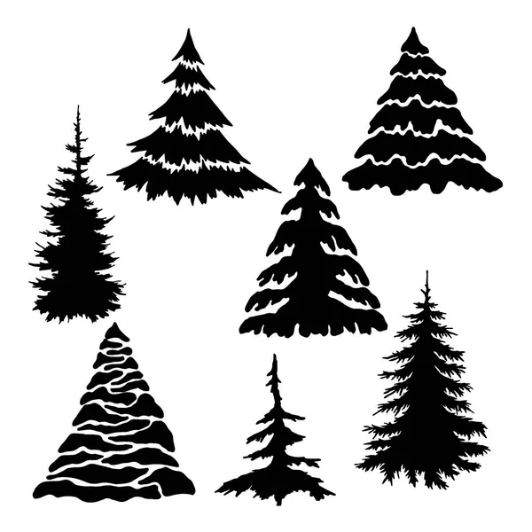 Set Vector Drawings Different Fir Trees Black Color Isolate White — Stock Vector