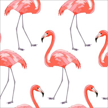 Tropikal kuşlarla kusursuz desen, pembe flamingolar, duvar kağıdı ve kumaş süsü, ambalaj kağıdı, farklı tasarımlar için arka plan