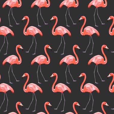 Tropikal kuşlarla kusursuz desen, pembe flamingolar, duvar kağıdı ve kumaş süsü, ambalaj kağıdı, farklı tasarımlar için arka plan