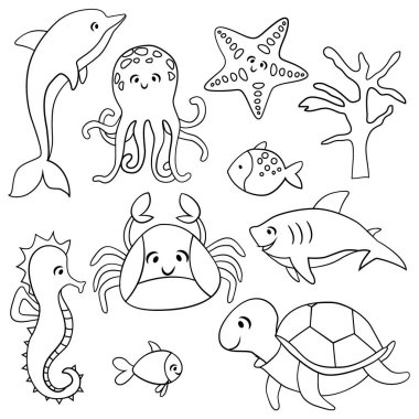 Deniz hayvanları, karikatür tarzı çizimler, vektör çizimleri, beyaz arka planda izole etme.